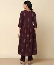 Coffee Brown Embroidered Rayon Naira Cut Kurta with Chiffon Dupatta (W1418)
