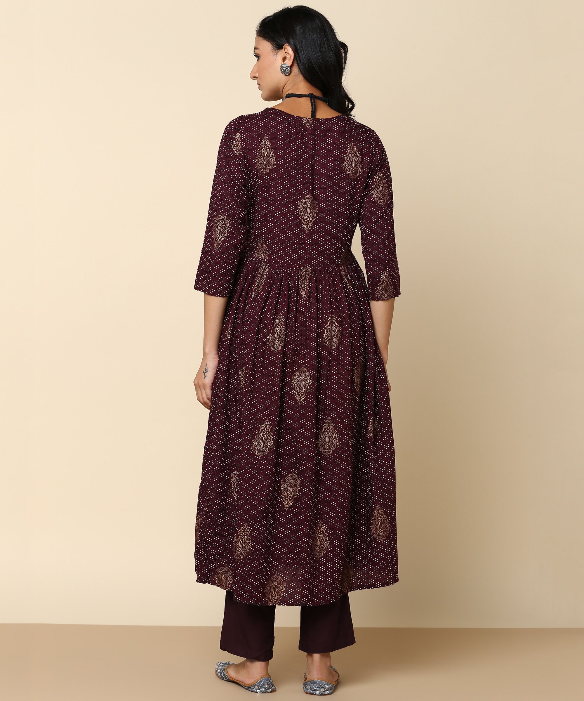 Coffee Brown Embroidered Rayon Naira Cut Kurta with Chiffon Dupatta (W1418)