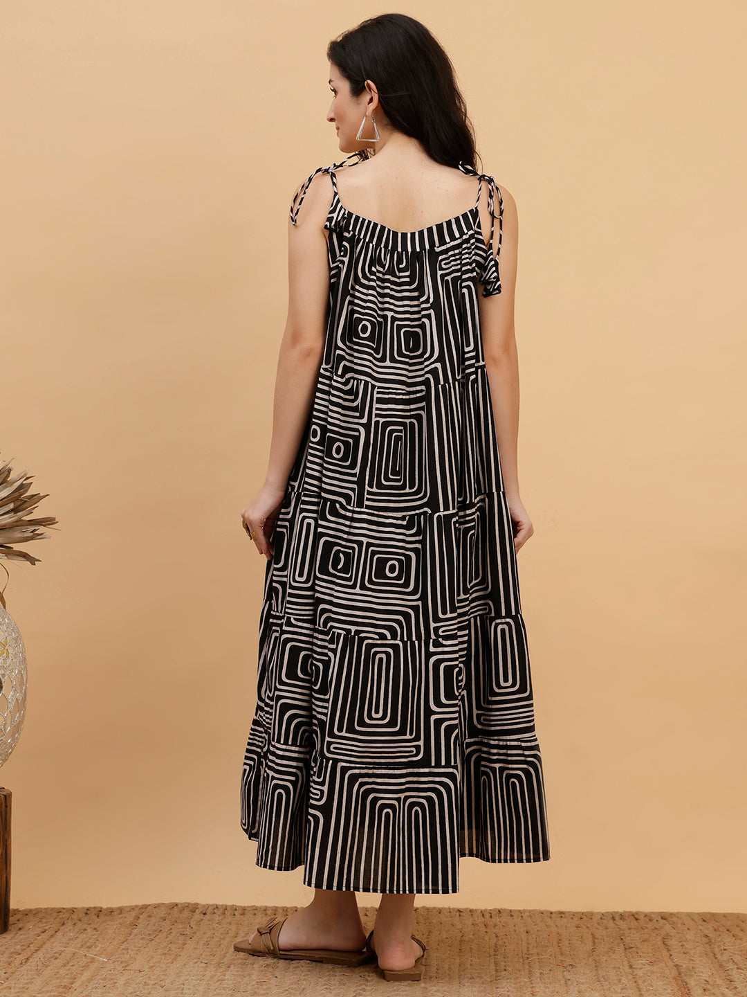 Women Casual Camric Printed Black A-Line Dress (W1816)