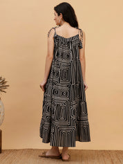 Women Casual Camric Printed Black A-Line Dress (W1816)