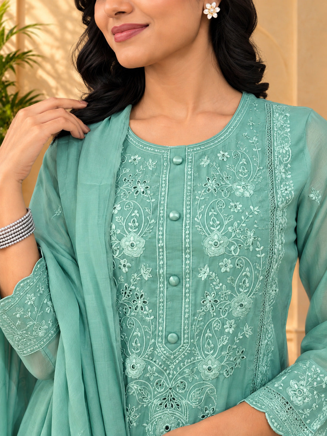Jaipurhues Luxe Rama Muslin Silk Festive Kurta Set | Kurta Bottom Dupatta (W10008)