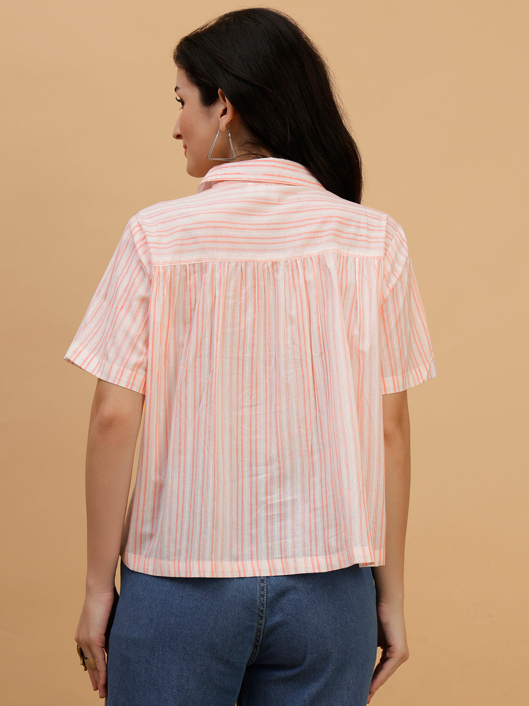 Women Camric Pink Striped Casual Regular Fit Shirt (W1812)