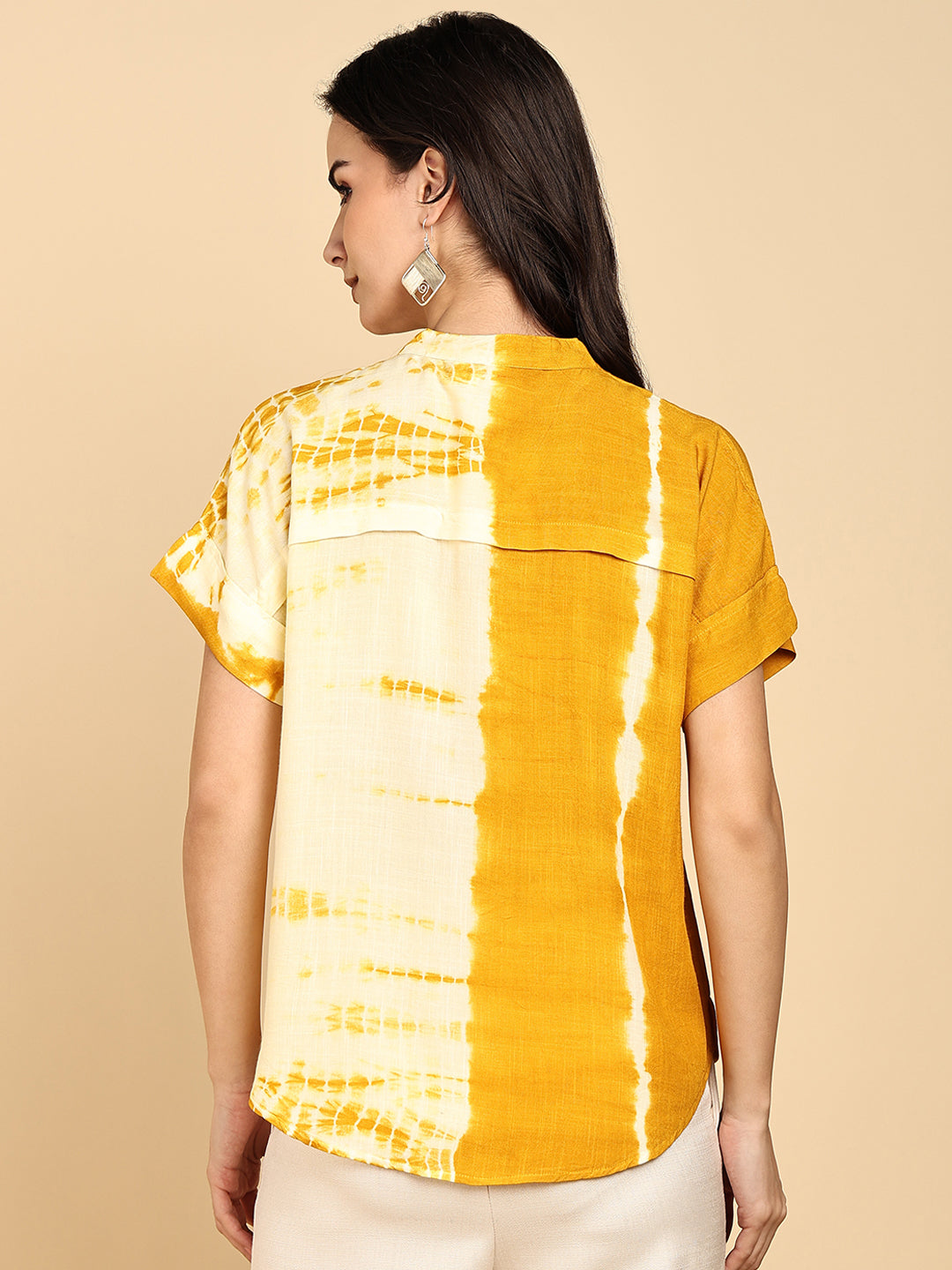 Women Casual Rayon Slub Tie & Dye Mandarin Short Sleeves Regular Fit Top (W1703)