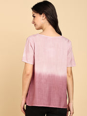 Women Casual Rayon Slub Tie & Dye V-Neck Short Sleeves Regular Fit Top (W1684)