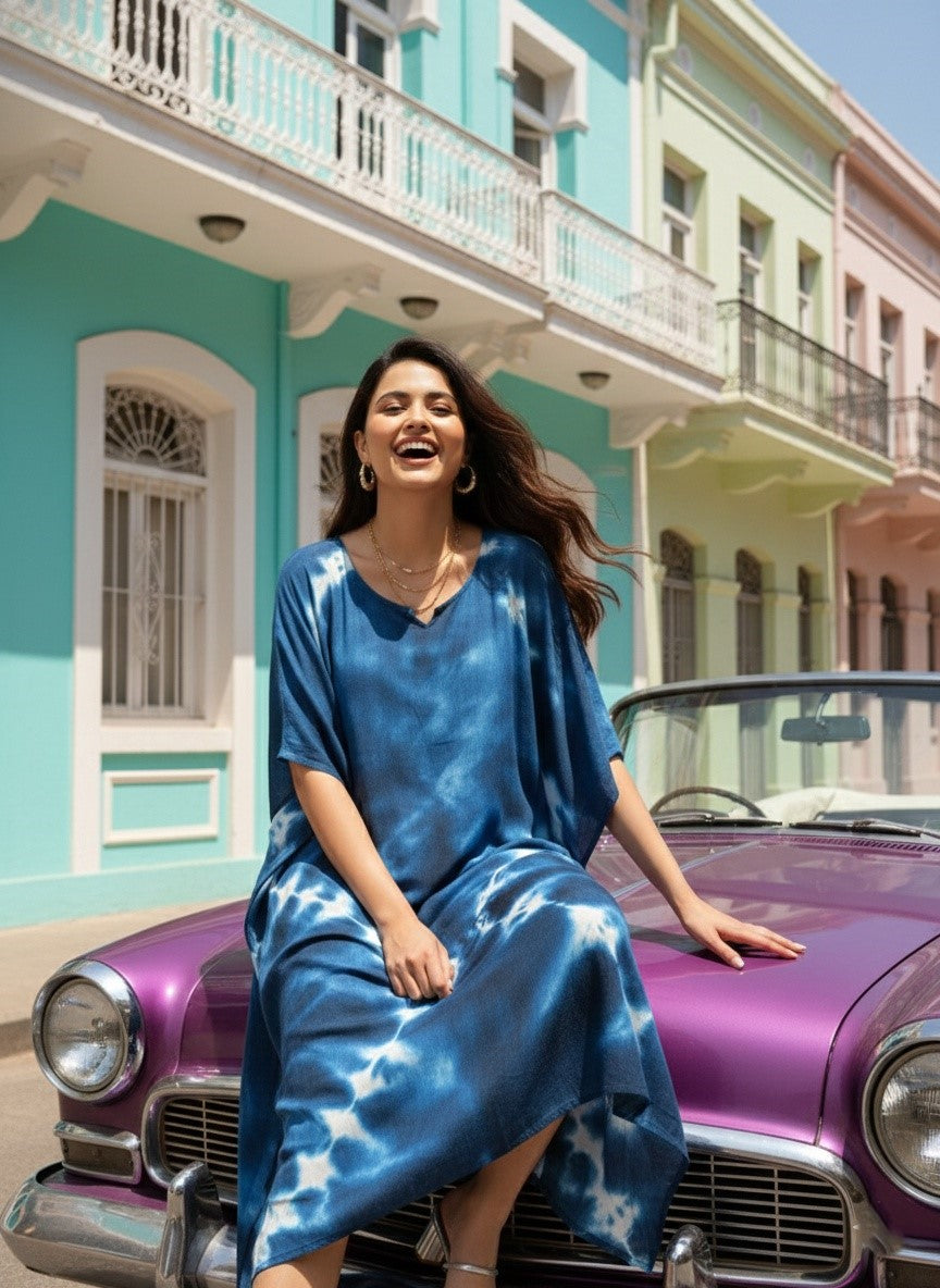 Women Rayon Crepe Tie & Dye Blue Kaftan Dress (W1348)