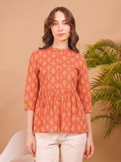 Women Orange Cotton Printed Casual Mandarin Collar A-Line Top (W1344)