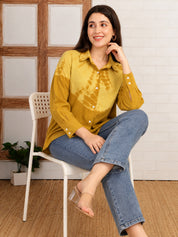 Women Hand Tie & Dye Mustard Rayon Casual Shirt (W1826)