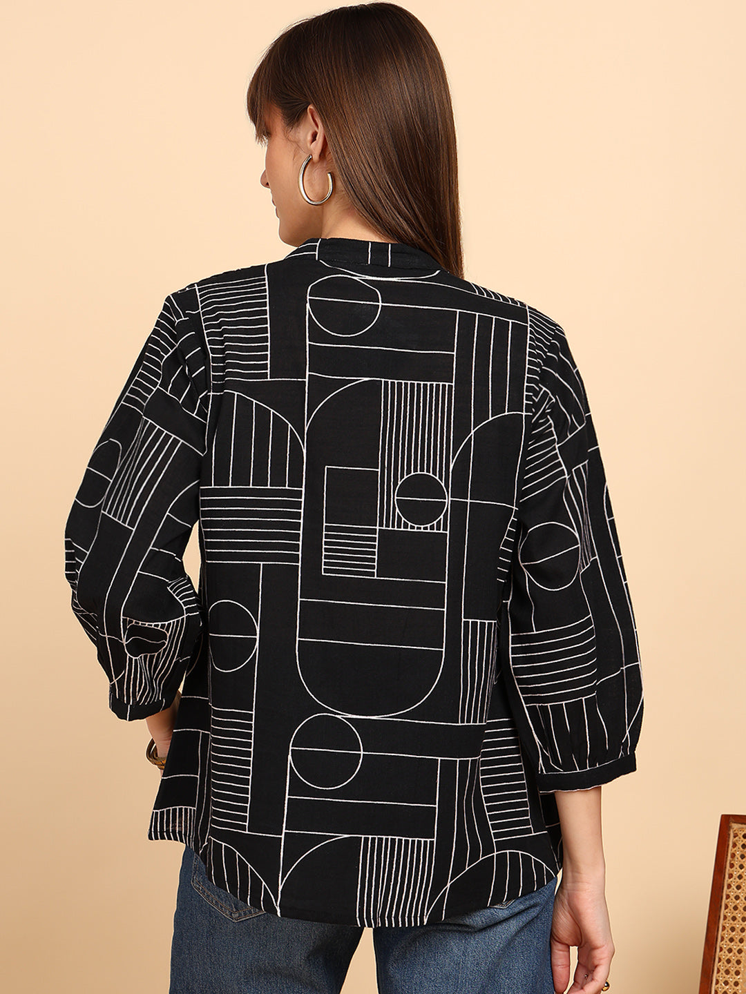 Women Cotton Slub Printed Mandarin Collar Regular Fit Shirt (W1763)
