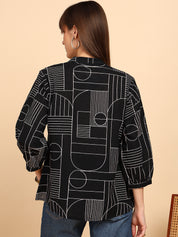Women Cotton Slub Printed Mandarin Collar Regular Fit Shirt (W1763)