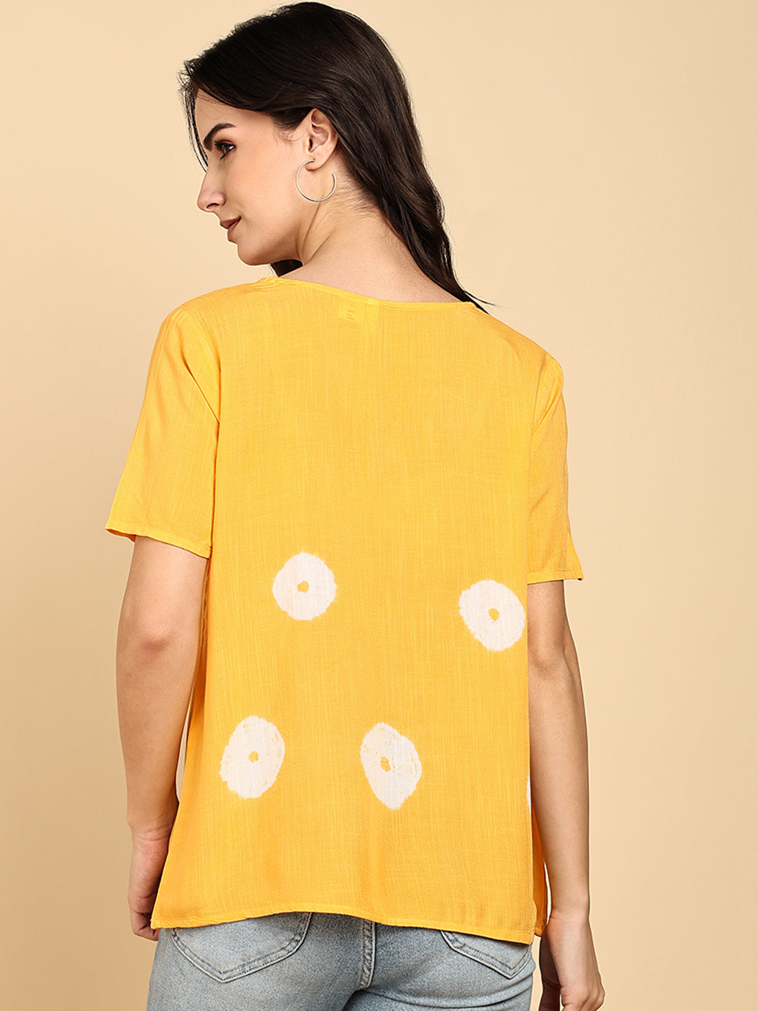 Women Casual Rayon Slub Tie & Dye V-Neck Short Sleeves Regular Fit Top (W1687)