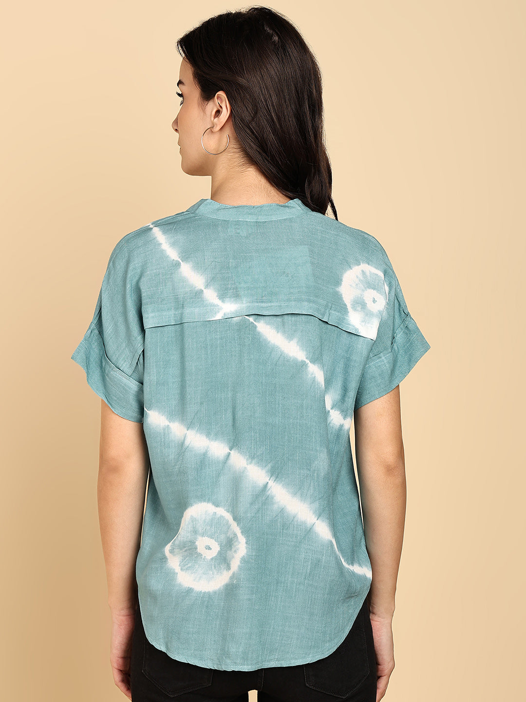 Women Casual Rayon Slub Tie & Dye Mandarin Short Sleeves Regular Fit Top (W1704)