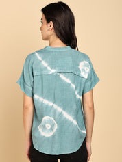 Women Casual Rayon Slub Tie & Dye Mandarin Short Sleeves Regular Fit Top (W1704)