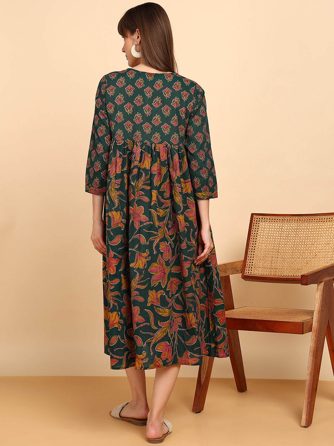 Women Cotton Floral Printed Flared/A-Line Dress (W1778)