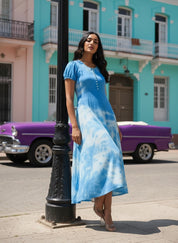Rayon Tie and Dye Sky Blue A-Line Midi Dress (W1282)