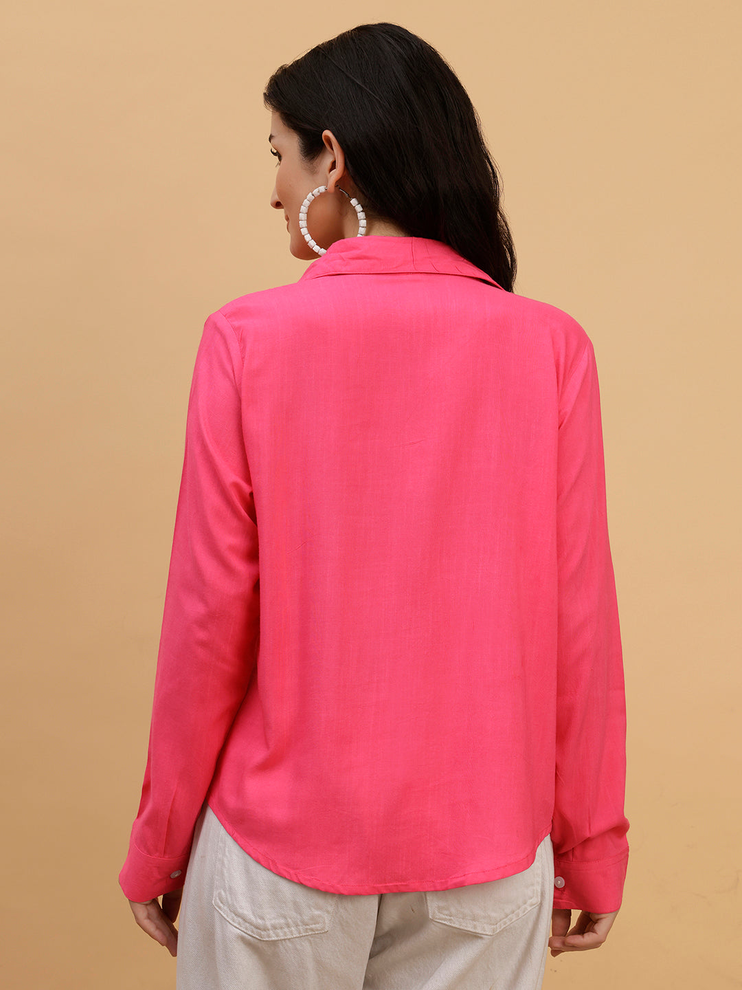 Women Camric Pink Solid Casual Regular Fit Shirt (W1820)