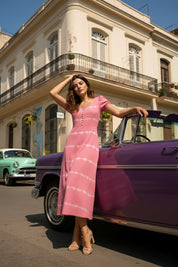 Women Handmade Floral Rayon Flared Pink Dress (W1610)