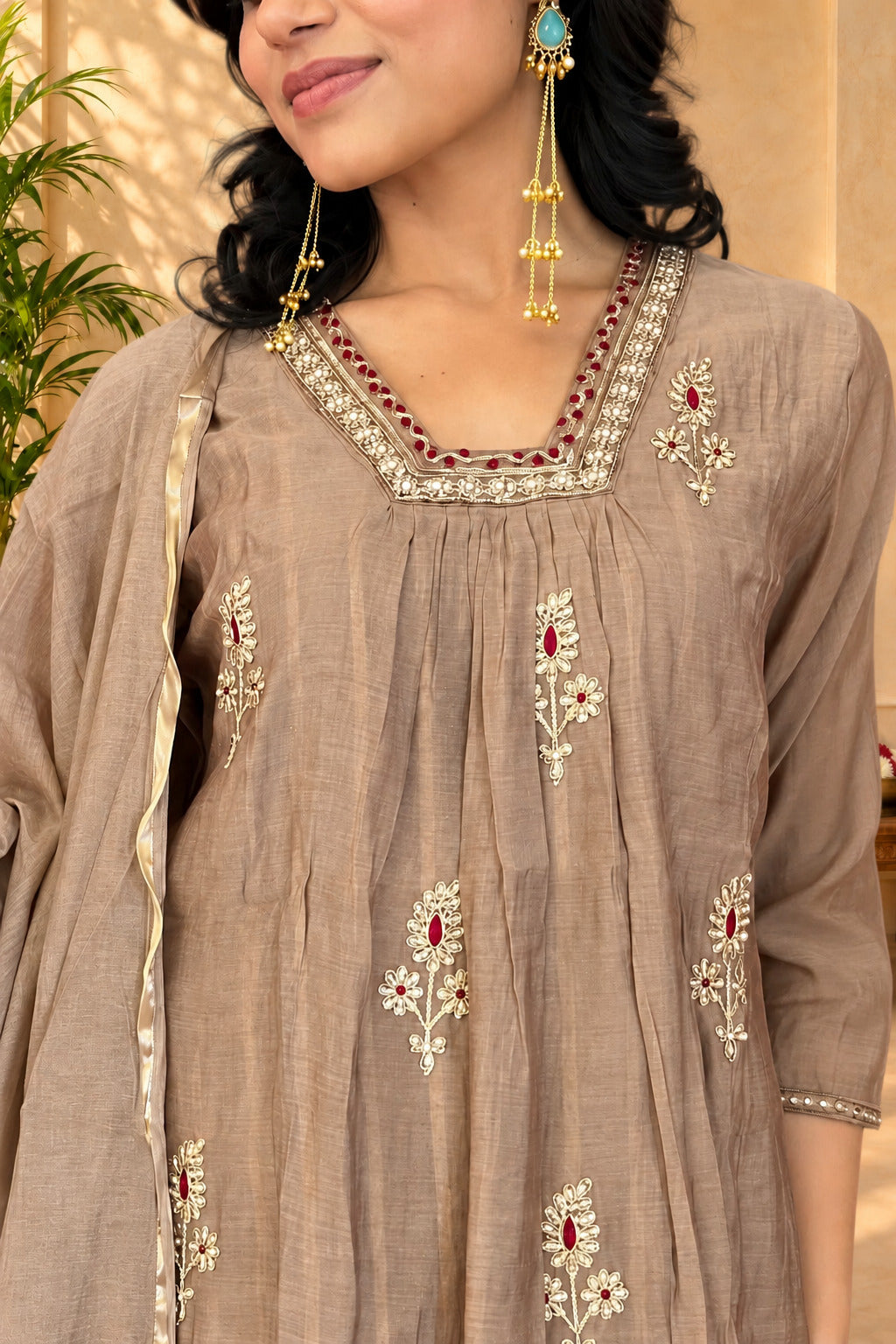 Jaipurhues Luxe Brown Mulchanderi Festive Kurta Set | Kurta Bottom Dupatta (W10002)