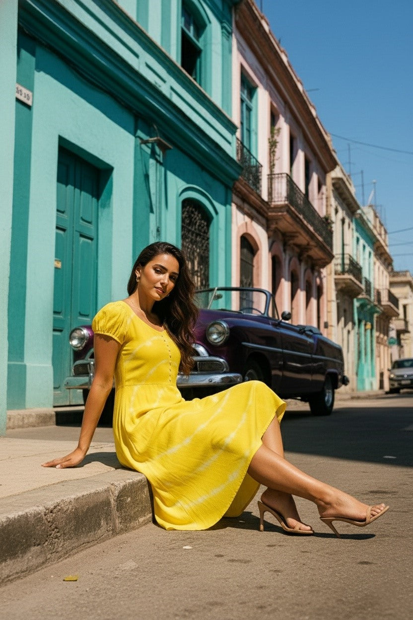 Rayon Tie Dye Yellow Dress (W1280)