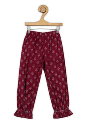 Girls Maroon Printed Cotton A-line Kurta And Pant Set (K1091)