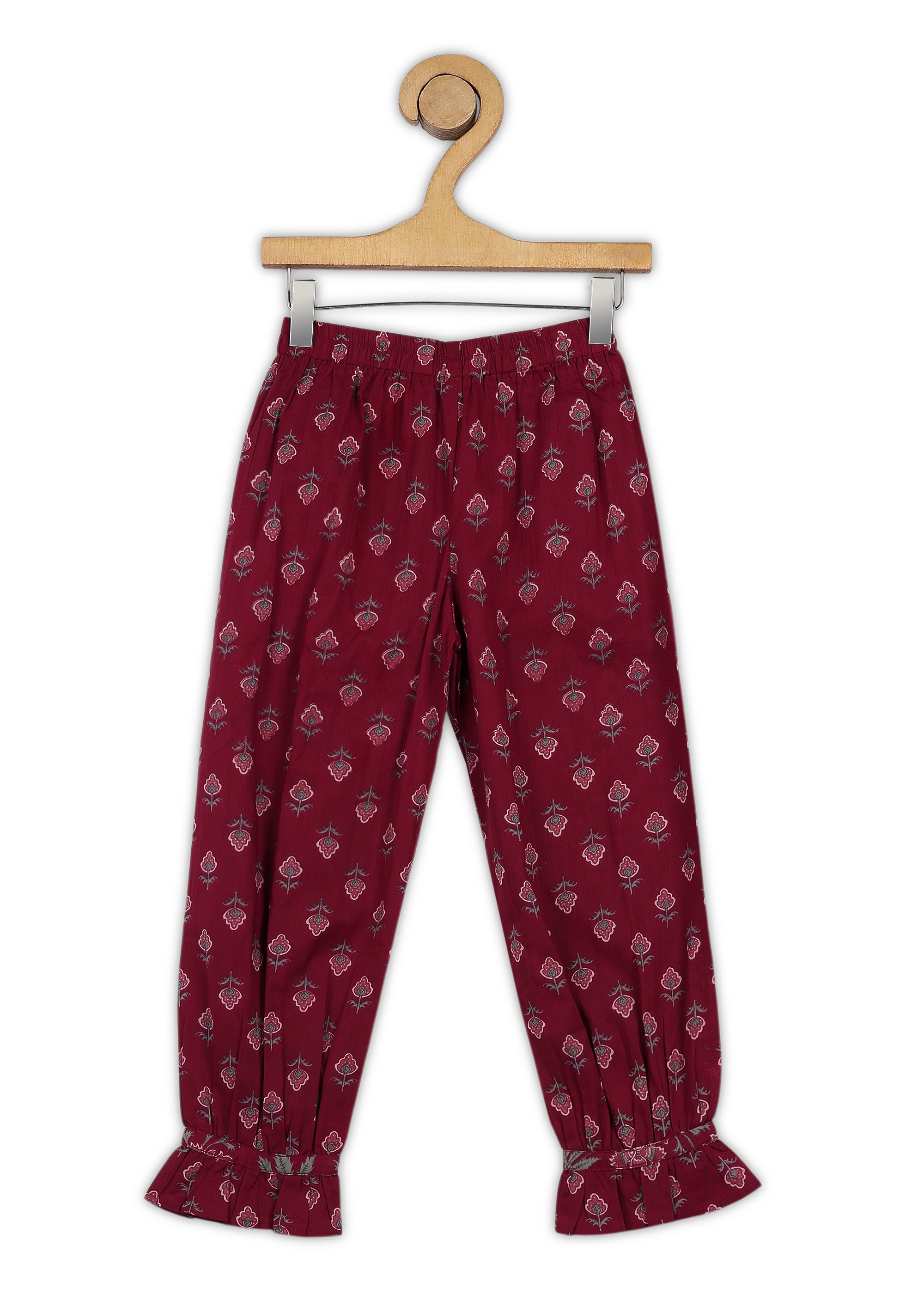 Girls Maroon Printed Cotton A-line Kurta And Pant Set (K1091)