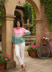 Women Handmade Tie-Dye Rayon Pink Green Shirt (W1627)