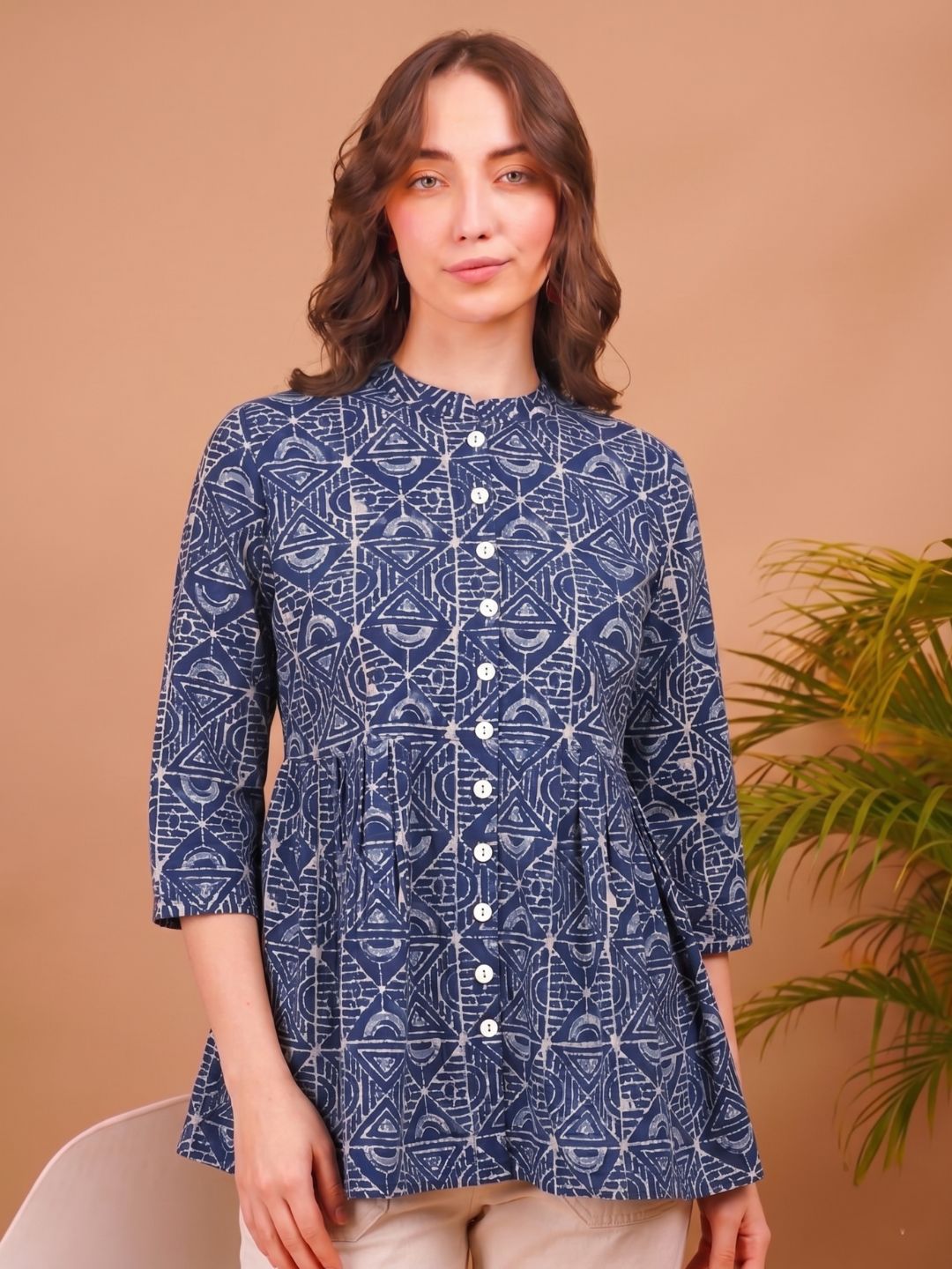 Women Casual Cotton Printed Mandarin Collar A-Line Top (W1343)