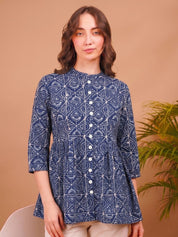 Women Casual Cotton Printed Mandarin Collar A-Line Top (W1343)