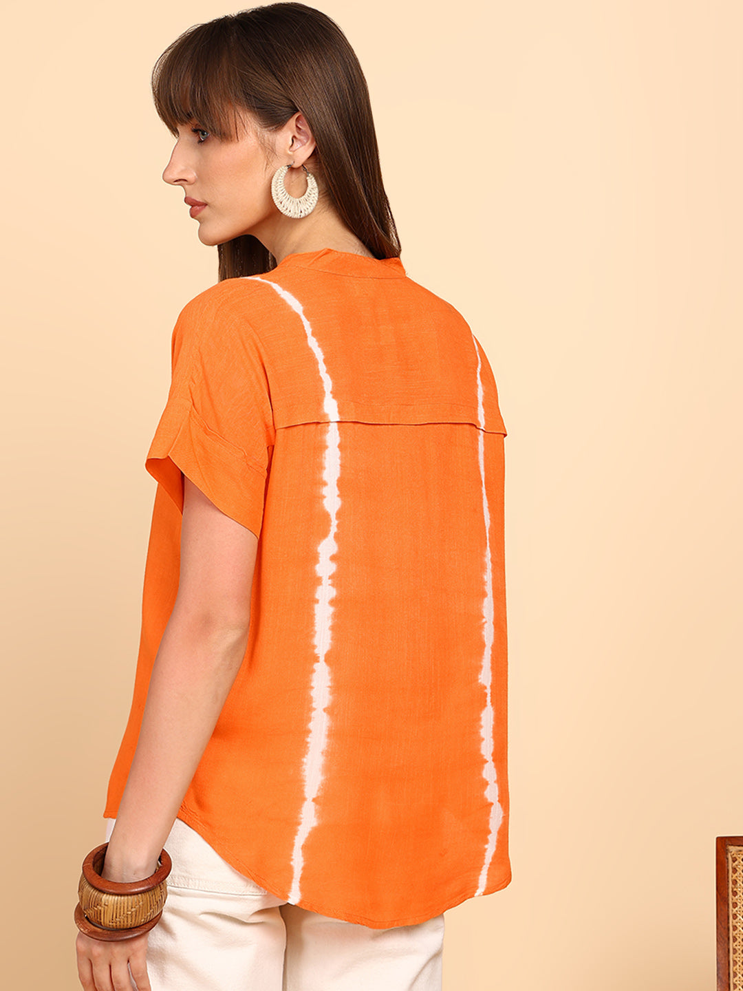 Women Rayon Slub Tie & Dye Mandarin Collar Regular Fit Top (W1768)