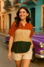 Indian Flag-Inspired Tri-Colored Ombre Dyed Casual Rayon Top (W1416)