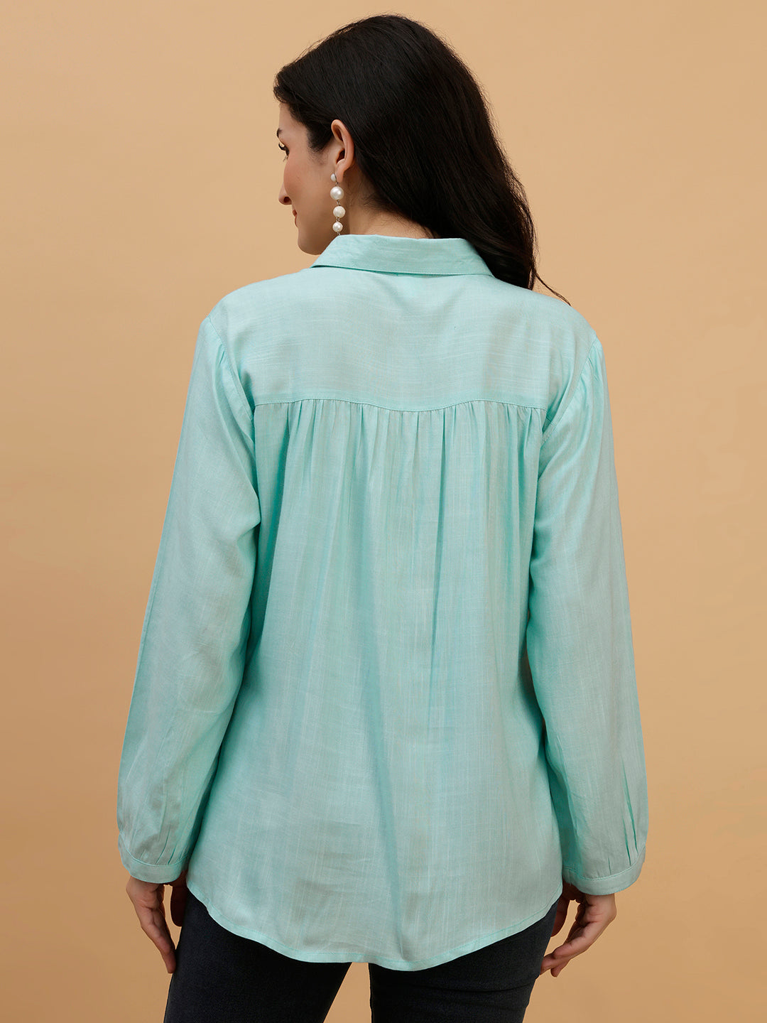 Women Blue Solid Rayon Casual Regular Fit Shirt (W1783)