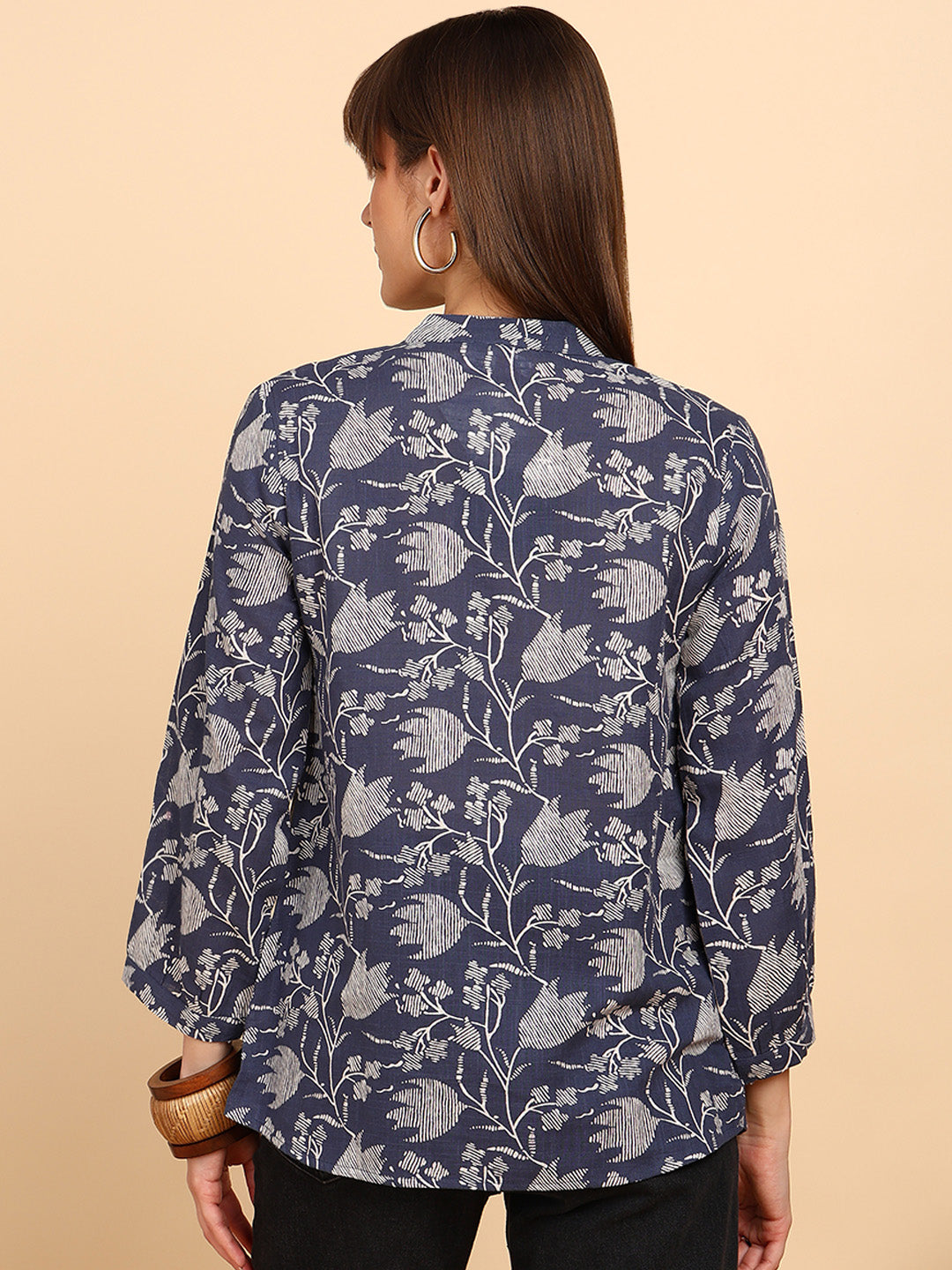 Women Cotton Slub Printed Mandarin Collar Regular Fit Shirt (W1767)