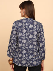Women Cotton Slub Printed Mandarin Collar Regular Fit Shirt (W1767)