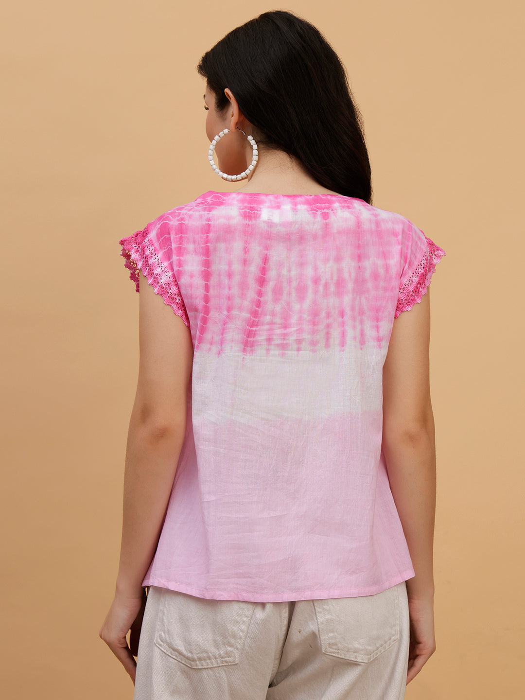 Women Pink-White Tie & Dye Camric Casual Top (W1805)