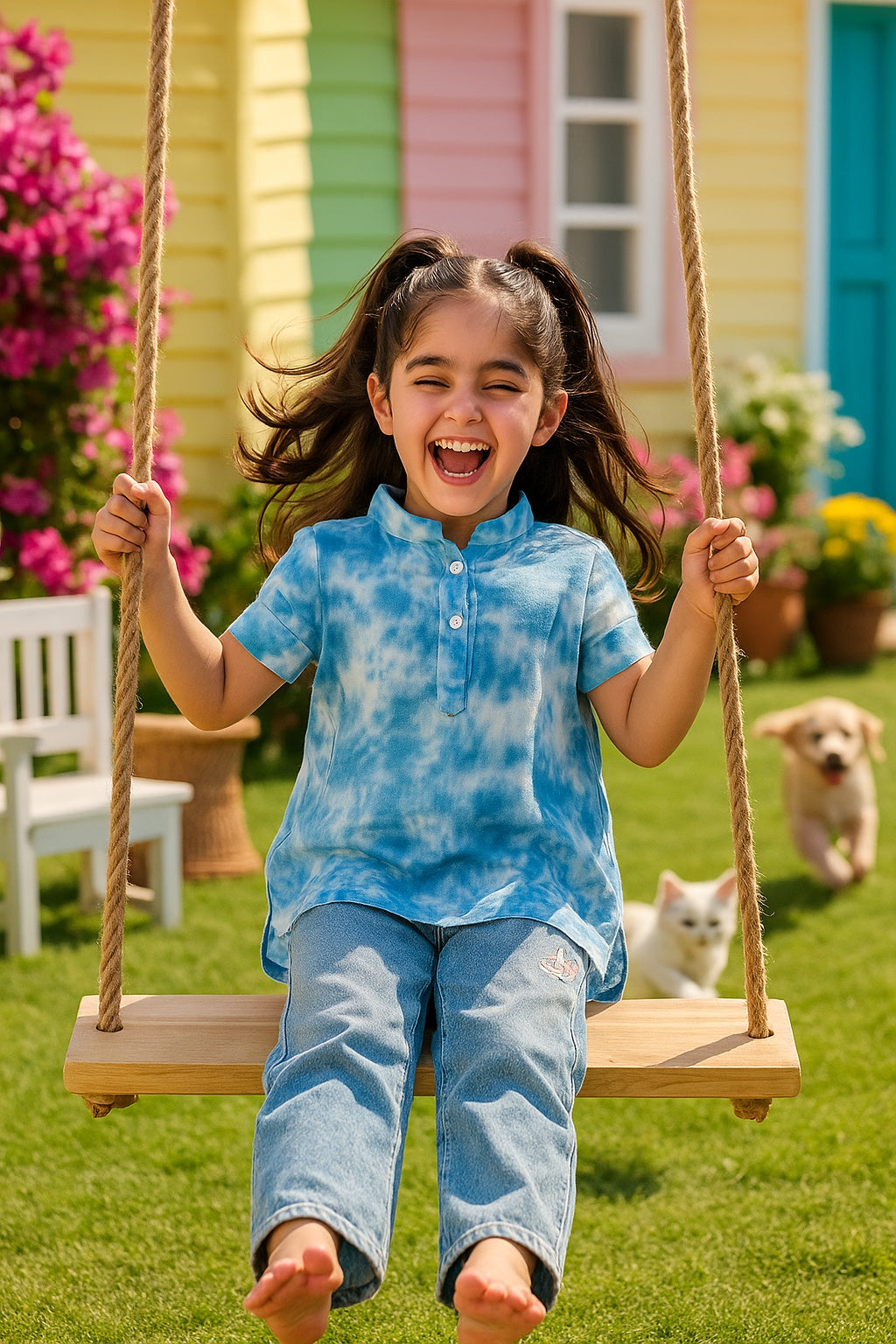 Light Blue Ombre Tie & Dye Mandarin Collar Rayon Slub Top For Girls (K11065)