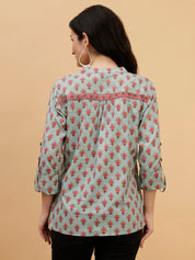 Women Green Printed Camric Casual Top (W1808)