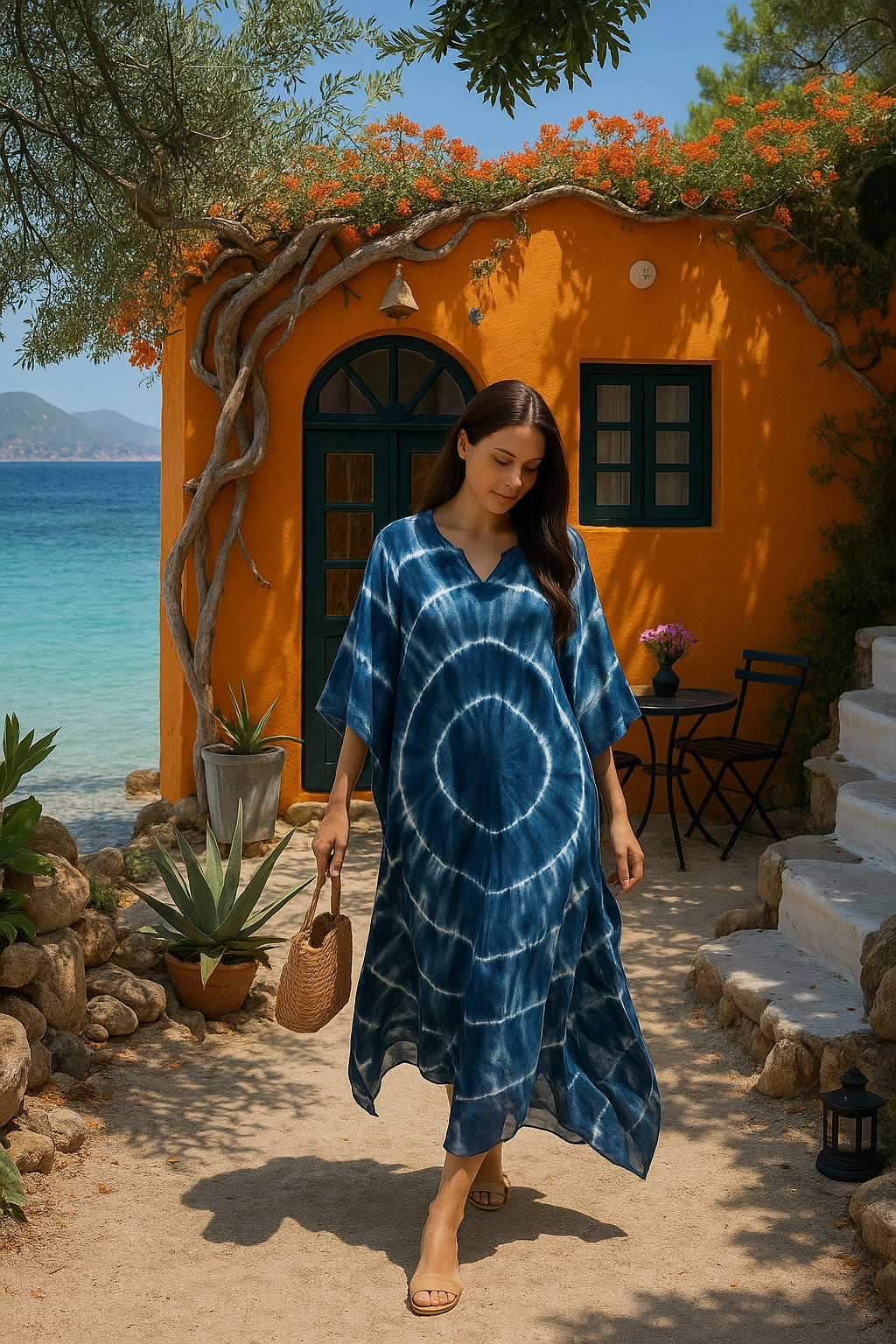 Rayon Crepe Tie Dye Blue Kaftan Kurta (W1125)