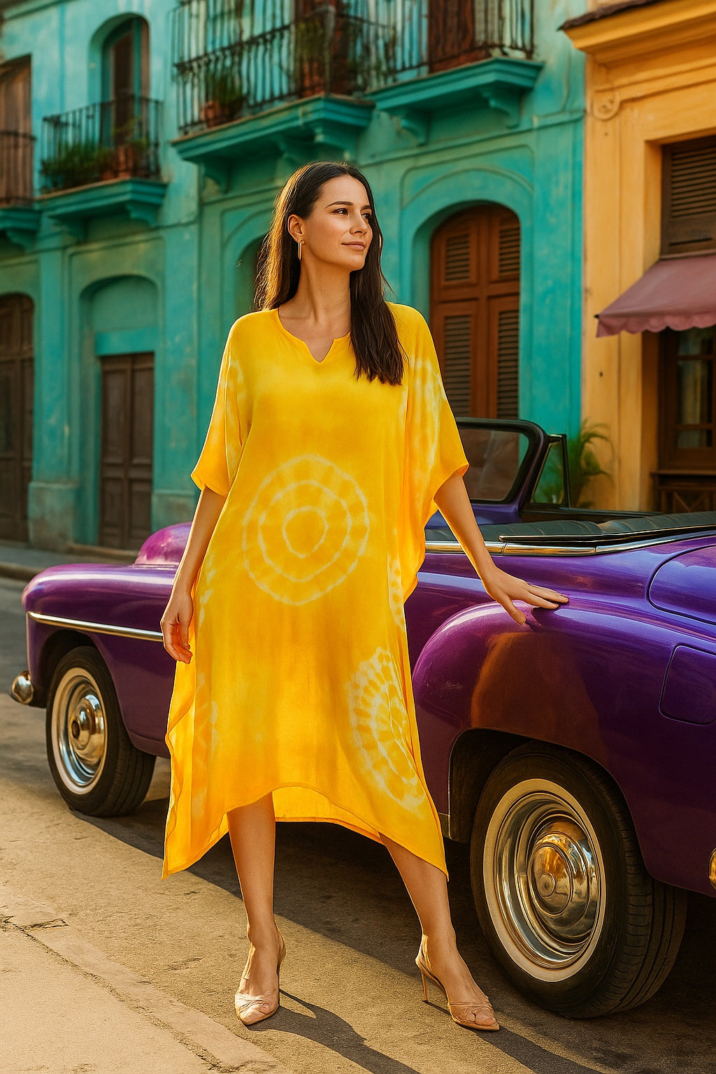 Rayon Crepe Tie Dye Yellow Kaftan Kurta (W1122)