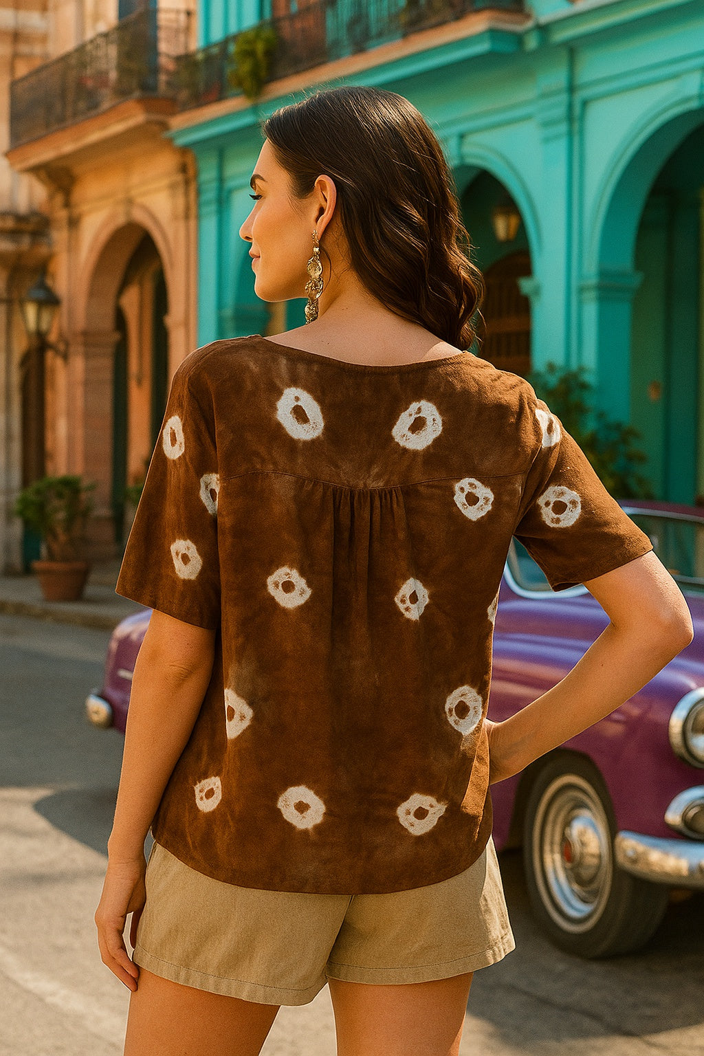 Half Sleeves Tie Dyed Front Pleated Rayon Top (W1473)