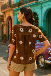 Half Sleeves Tie Dyed Front Pleated Rayon Top (W1473)