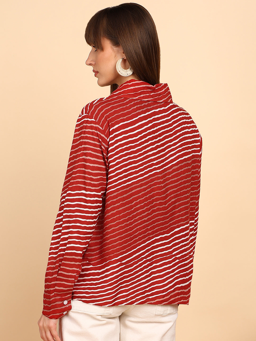 Women Rayon Slub Leheriya Print Spread Collar Regular Fit Shirt (W1760)