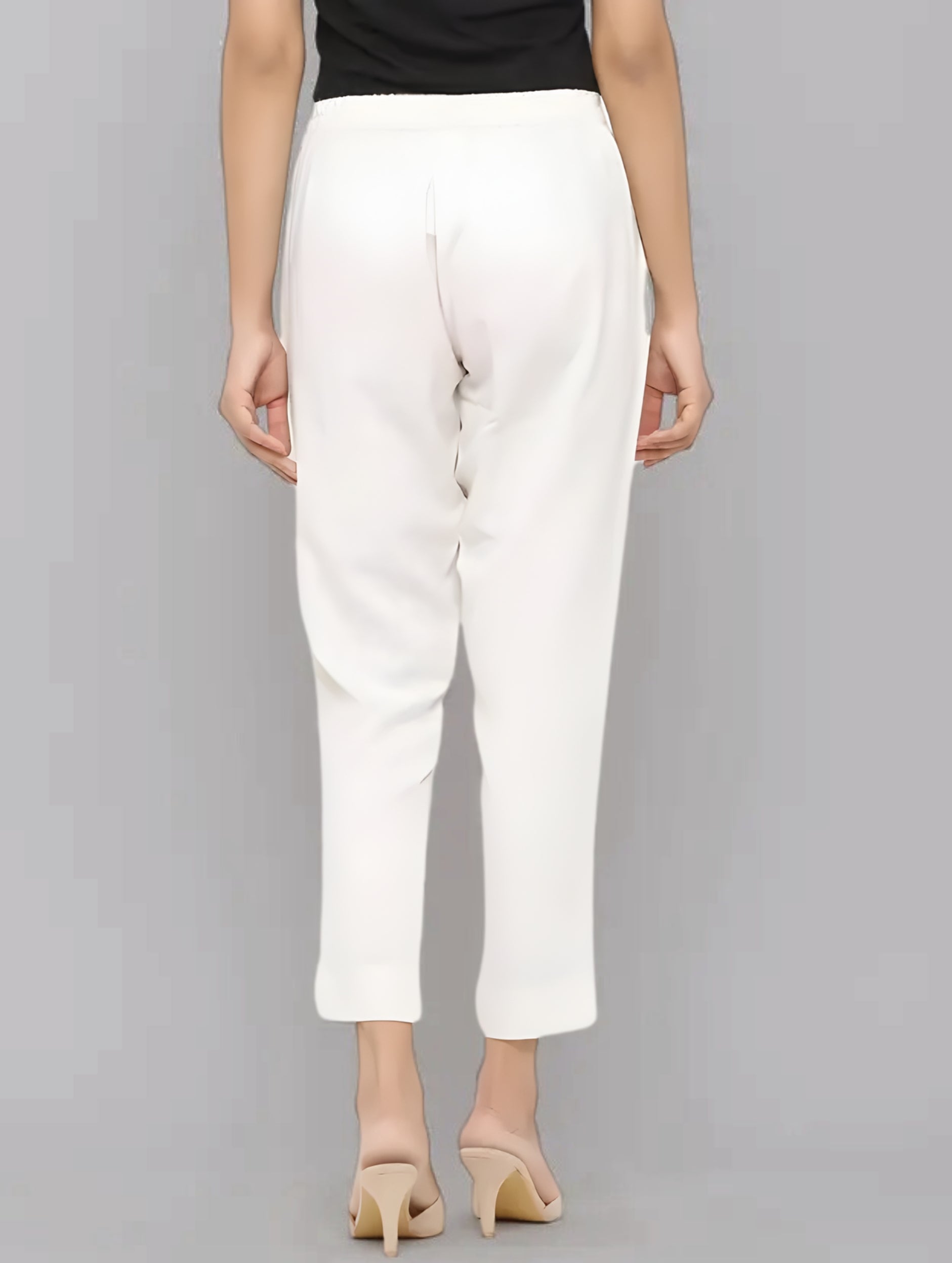 Women White Cotton Solid Casual Pant (W1068)