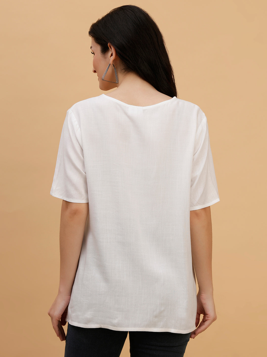 Women White Solid Rayon Casual Top (W1786)