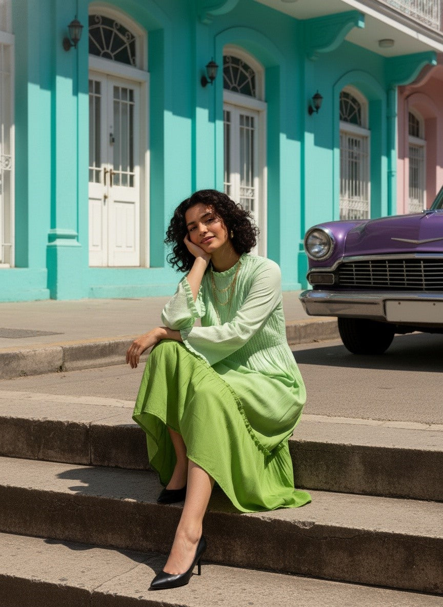 Women Handmade Self Design Cotton Blend Flared Light Green Dress (W1607)