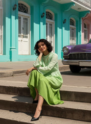 Women Handmade Self Design Cotton Blend Flared Light Green Dress (W1607)