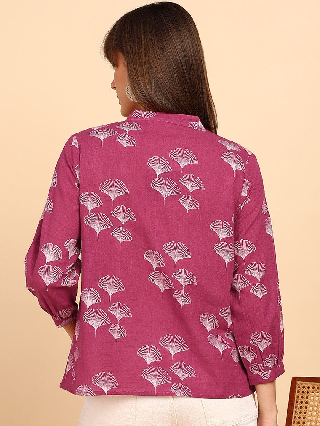 Women Cotton Slub Printed Mandarin Collar Regular Fit Shirt (W1762)
