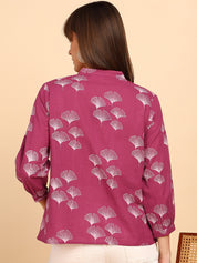 Women Cotton Slub Printed Mandarin Collar Regular Fit Shirt (W1762)