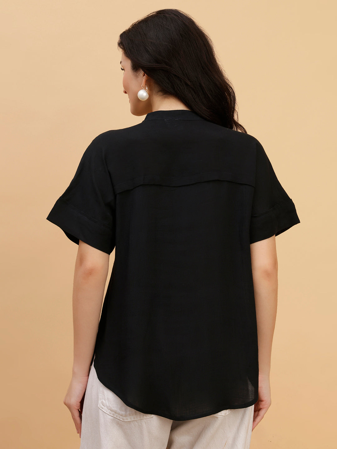 Women Black Solid Rayon Casual Top (W1790)