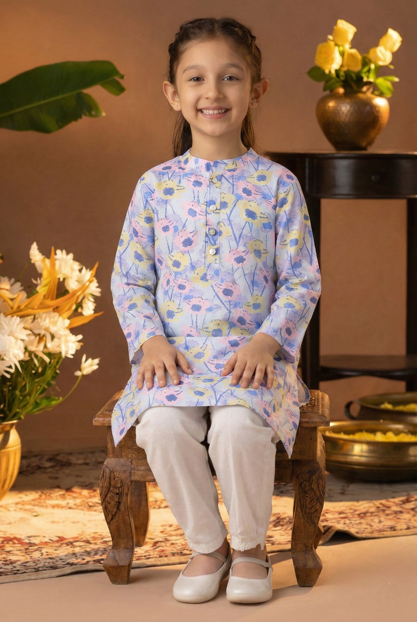 Printed Cotton Kurta Pyjama Set For Girls (K11082)