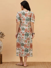 Women White Floral Printed Camric A-Line Dress (W1814)