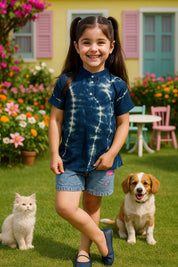 Blue Ombre Tie & Dye Mandarin Collar Rayon Slub Top For Girls (K11064)